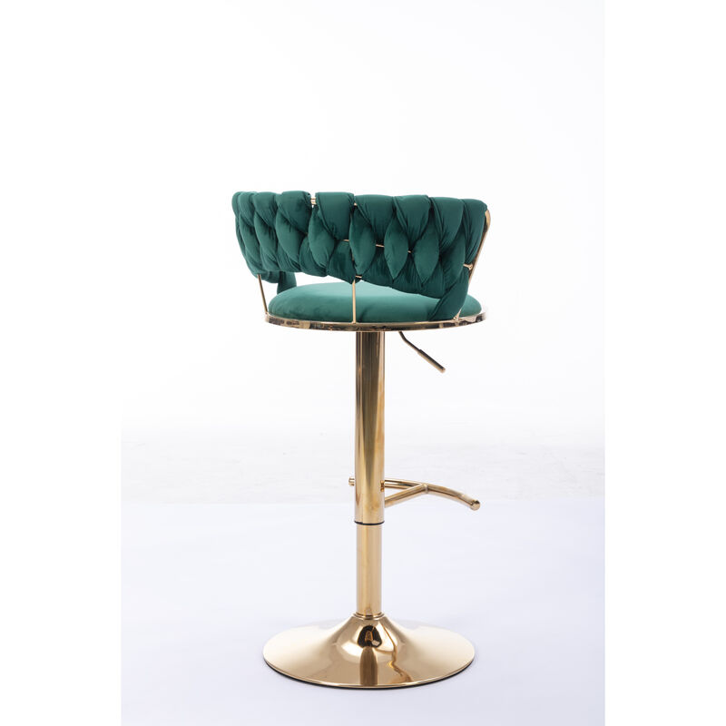 Set of 2 Bar Stools, with Chrome Footrest and Base Swivel Height Adjustable Mechanical Lifting Velvet + Golden Leg Simple Bar Stool-Green image number 7