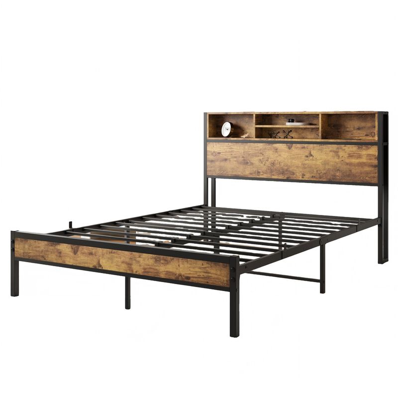 Clihome Metal Platform Bed Frame with Storage Headboard and Charging Station,  Bookcase Storage, No Box Spring Needed, Easy Assembly, Noise-Free, Black image number 0