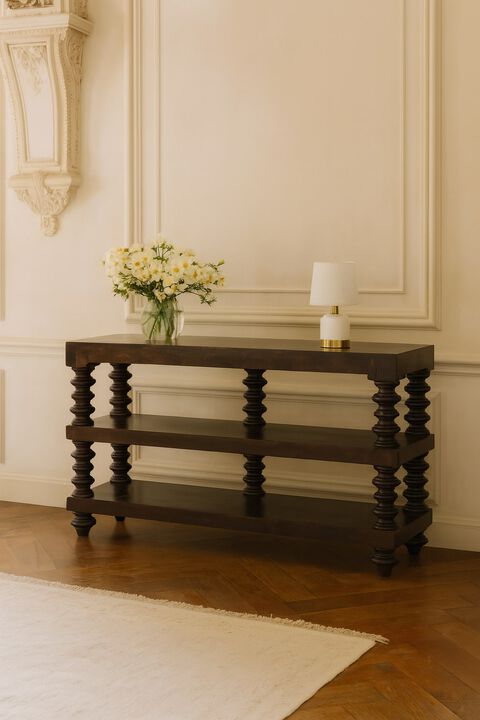 Artisan Furniture Solid Wood Spindle Shelf Console in Carbon Ash