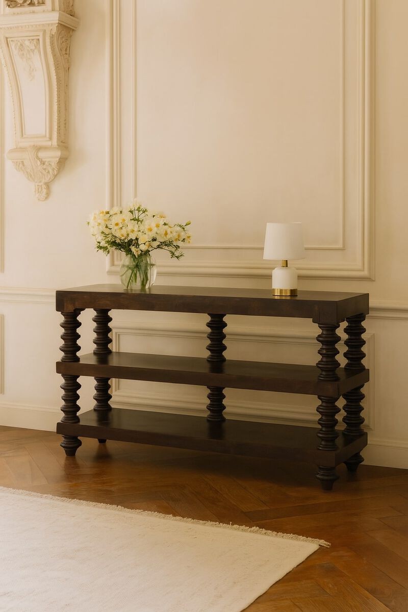 Artisan Furniture Solid Wood Spindle Shelf Console in Carbon Ash