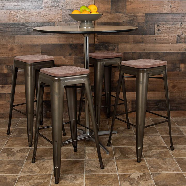 Flash Furniture Lily 30" High Metal Indoor Bar Stool with Wood Seat in Gun Metal Gray - Stackable Set of 4