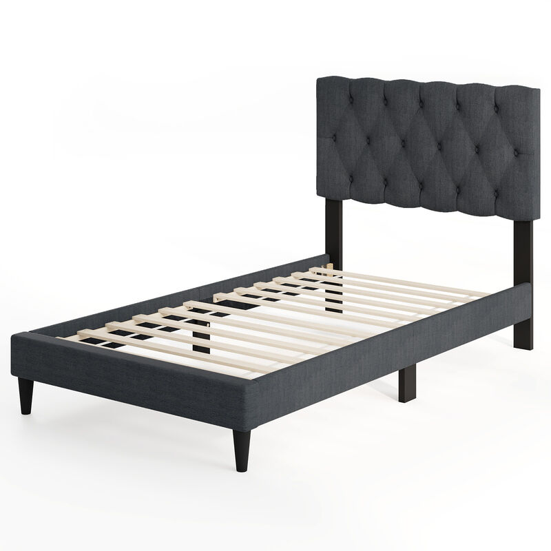 Tufted Headboard Upholstered Platform Bed with Wooden Slats, Elegant Bed Frame