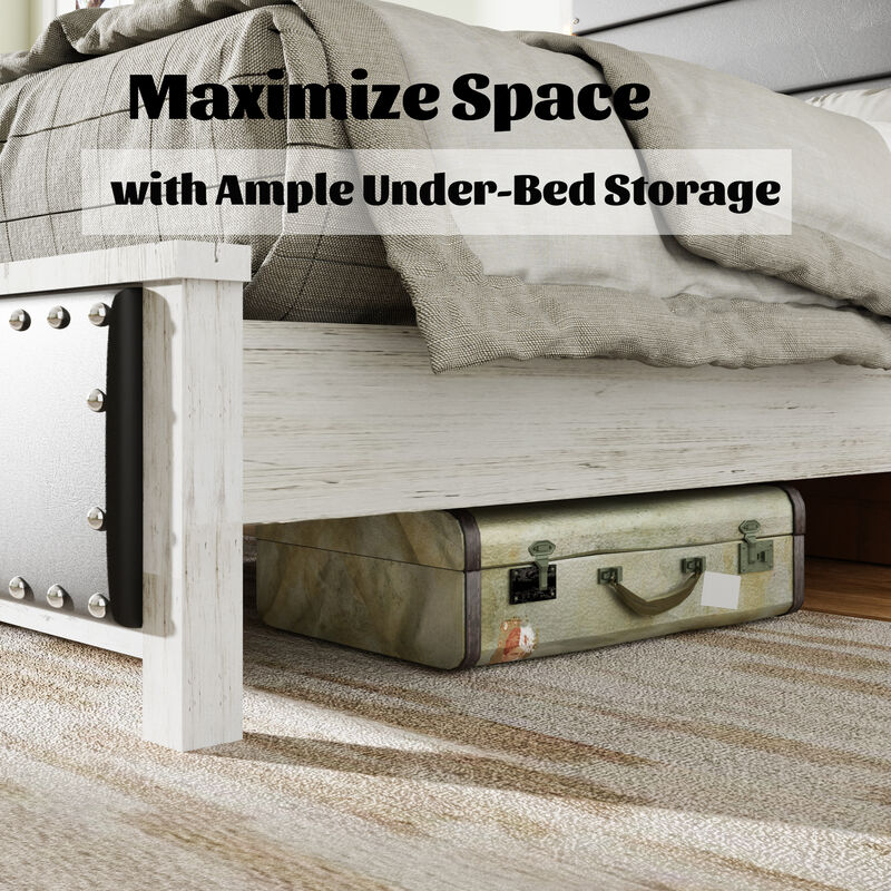 Size Bed Frame with Upholstered Headboard, Bed Frame with Charging Station and LED Lights, Wood Slats, Dark Gray Faux Leather & Rivets, No Box Spring Needed, Easy Assembly