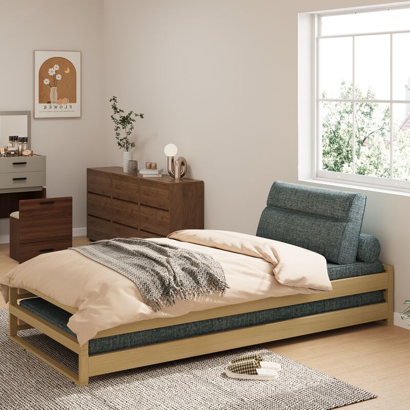 Fabric Linen Double-Deck Sofa Bed with Wooden Frame for Living Room & Bedroom 82.67" Blue