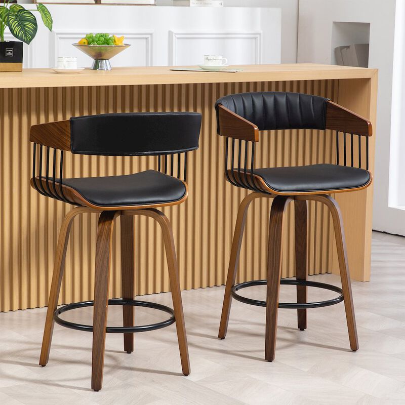 Glamour Home Beaumont Black Faux Leather Counter Stool with Walnut Wood Frame and Legs