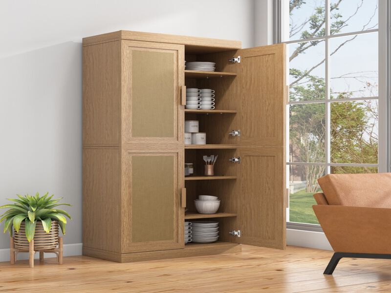 62’’ Wood Grain 6-Story Decorative Storage Cabinet with Wicker Door
