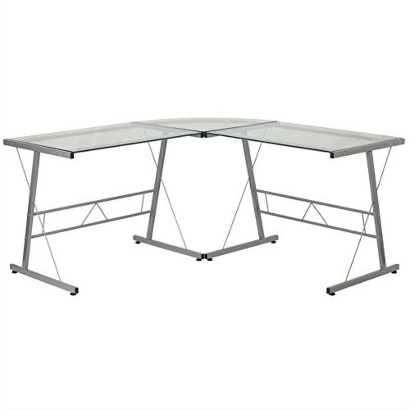 QuikFurn Modern Silver Metal L-Shaped Desk with Glass Top and Floor Glides