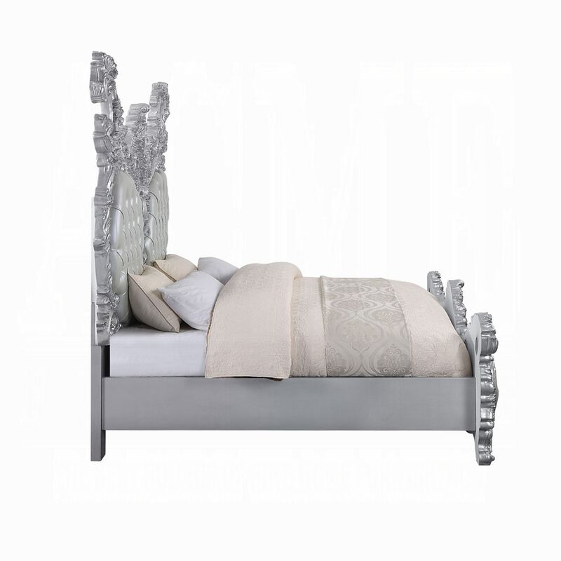 Vera King Size Bed, Ornate Carving, Platinum Faux Leather Upholstery - Benzara