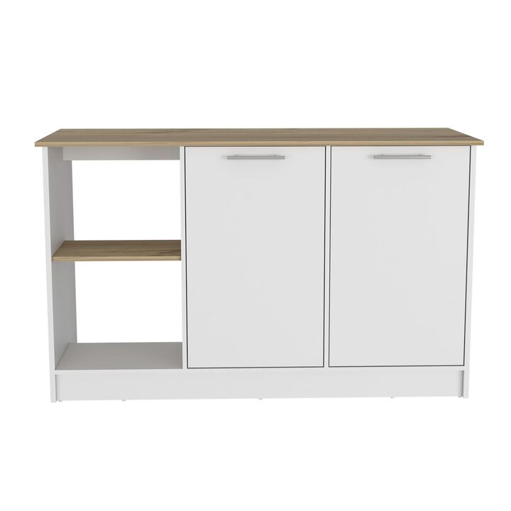 DEPOT E-SHOP Coral Kitchen Island, Two Cabinets, Four Open Shelves, Light Oak / White