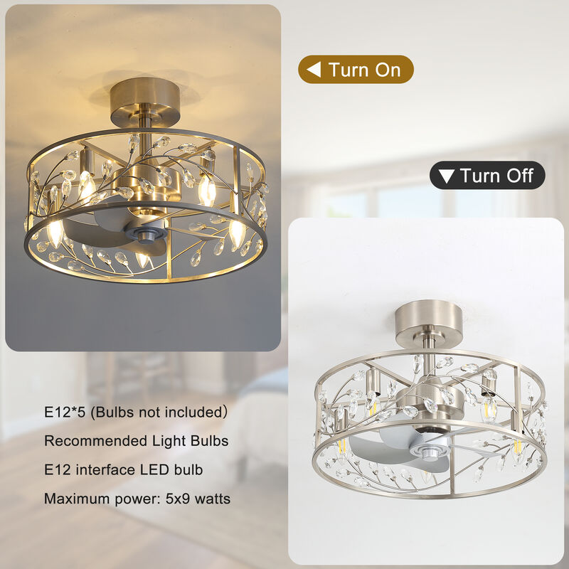 Breezary 20" Crystal Cage Ceiling Fan with Light,5 Blade, 3 Speed , Reversible, Remote Control image number 2