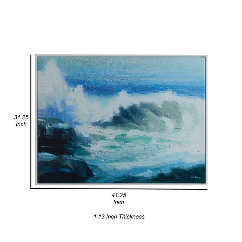 31 x 41 Handcrafted Wall Art, Crashing Waves on Framed Canvas, White, Blue - Benzara