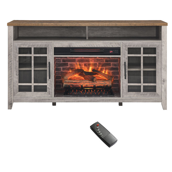 55 Inch TV Media Stand with Electric Fireplace KD Inserts Heater, Gray Wash Color
