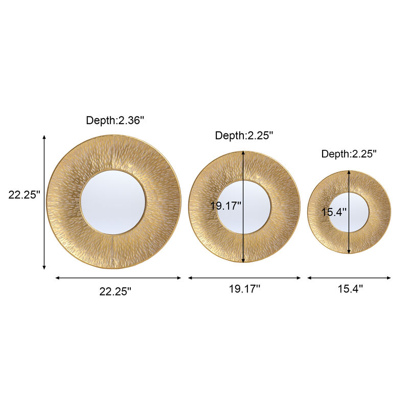 Hammered Round Wall Mirror 3PC Set, Gold image number 9