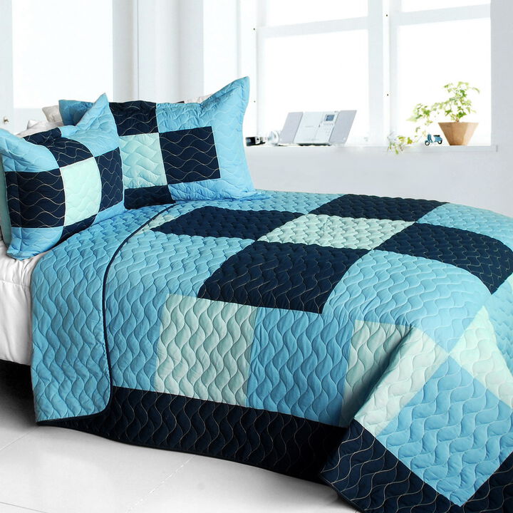 3-Piece Vermicelli Quilted Patchwork Plaid Quilt Set with Matching Pillow Shams