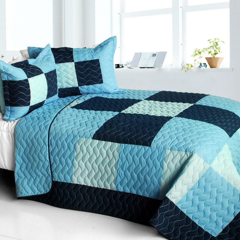 3-Piece Vermicelli Quilted Patchwork Plaid Quilt Set with Matching Pillow Shams image number 0