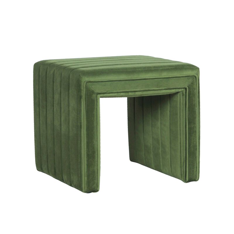 Ada Footstool Ottoman with Channel Tufted Green Velvet, 19 Inch image number 0