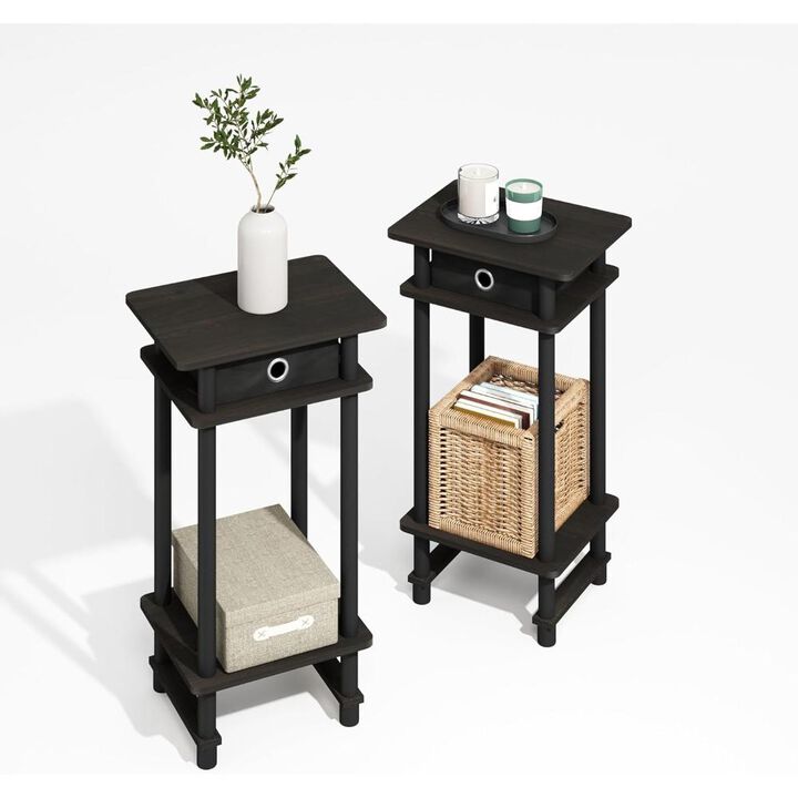 Turn-N-Tube Tall End Table, Side Table with Bin, Black Espresso/Brown, Set of 2