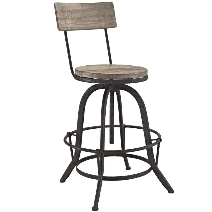 Modway Procure Industrial Modern Wood and Iron Adjustable Height Swivel Bar Stool in Brown