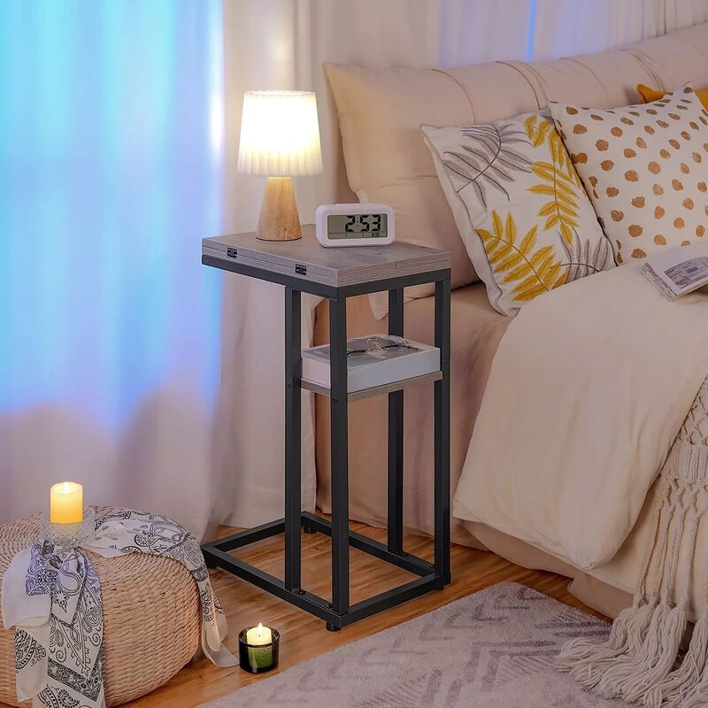 Space-Saving C-Shaped End Table with Storage Pocket and Foldable- Greige image number 3