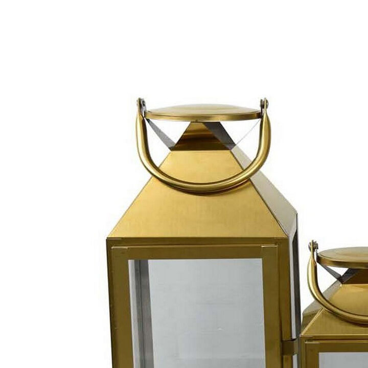 Davi Set of 3 Decorative Lanterns, Curved Handles, Glass Panel, Gold Metal - Benzara