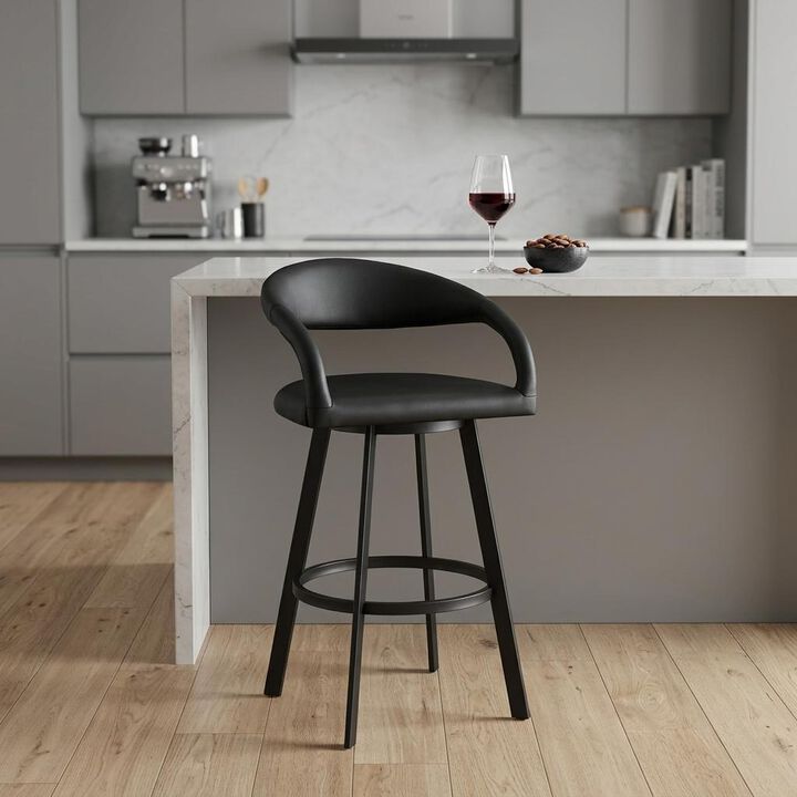HomeRoots 26" Black Faux Leather and Iron Low Back Counter Height Swivel Bar Chair