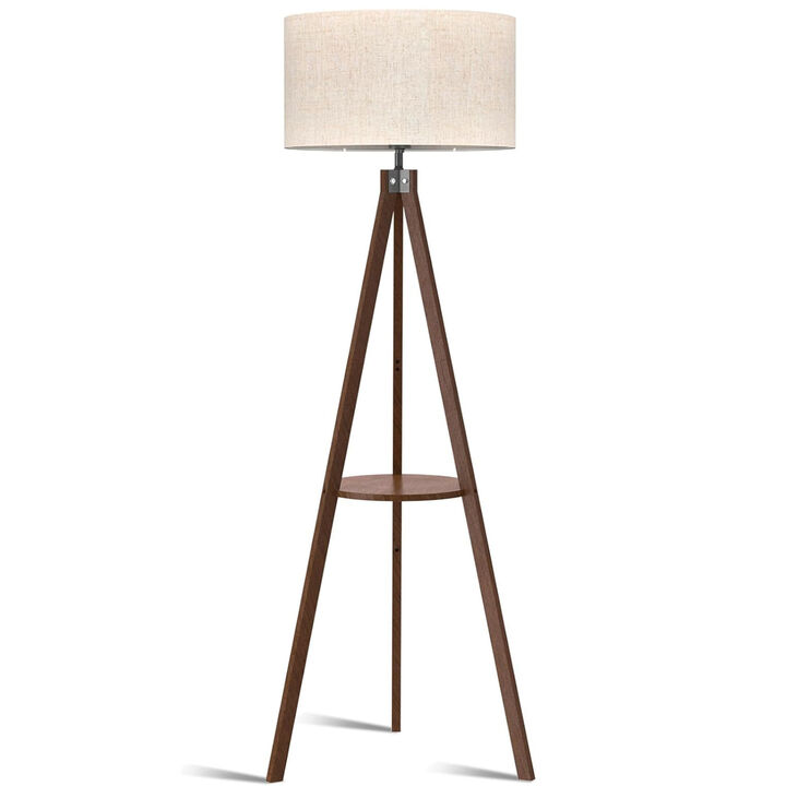 LEPOWER Tripod Floor Lamp, Wood Standing Lamp, Shelf Floor Lamps for Living room, Bedroom, Office, Flaxen Linen Shade with E26 Lamp Base