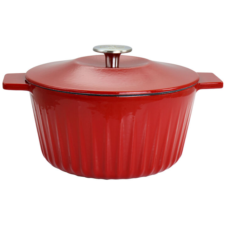 Martha Stewart Enameled Cast Iron 3 Quart  Embossed Stripe Dutch Oven with Lid in Red