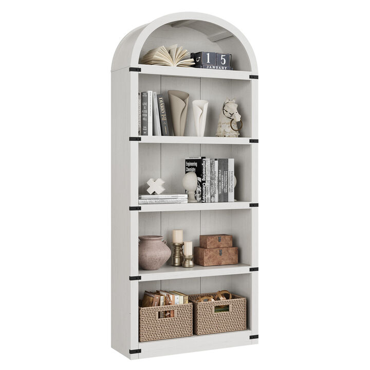 Vintage Farmhouse Arched 5-Tier Wooden Bookcase, Tall Display Cabinet for Living Room, Home Office and Bedroom