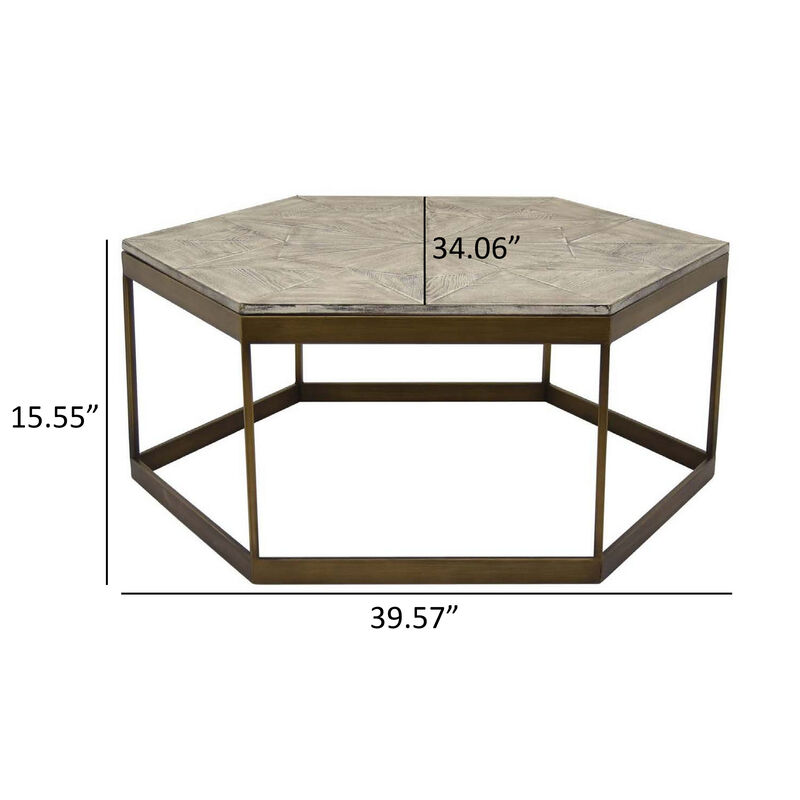 Eliza 40 Inch Plant Stand Table, Hexagon Shaped Wood Top, Gold Metal, Wood - Benzara