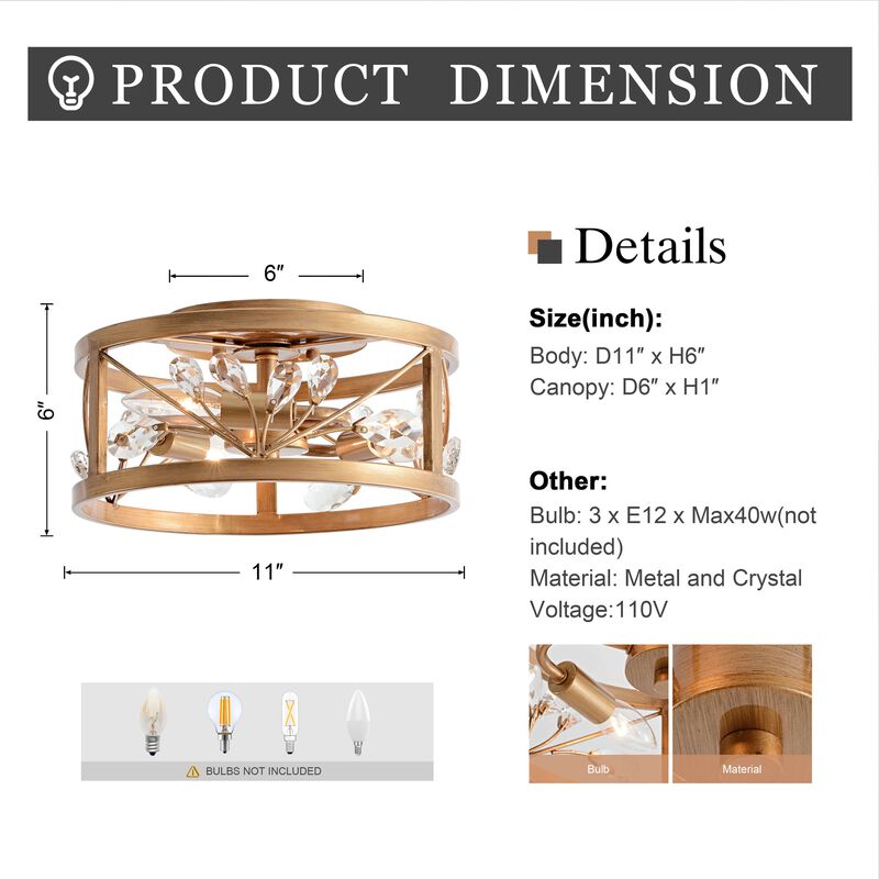 Adela 3-Light Metal Cage Drum Flush Mount - Brushed Brass image number 4