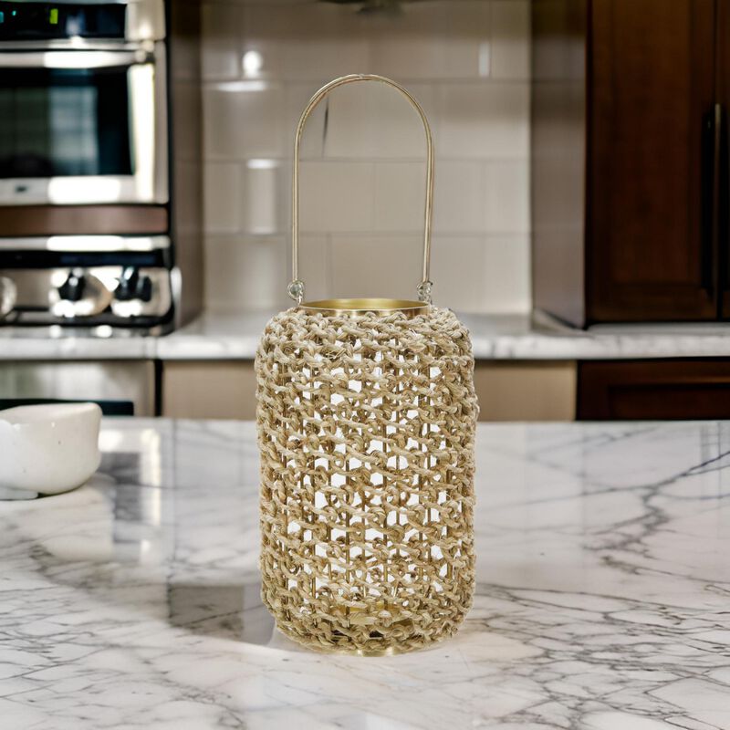 Cylindrical Rattan Lantern with Metal Frame and Handle,Large,Brown and Gold - Benzara image number 5