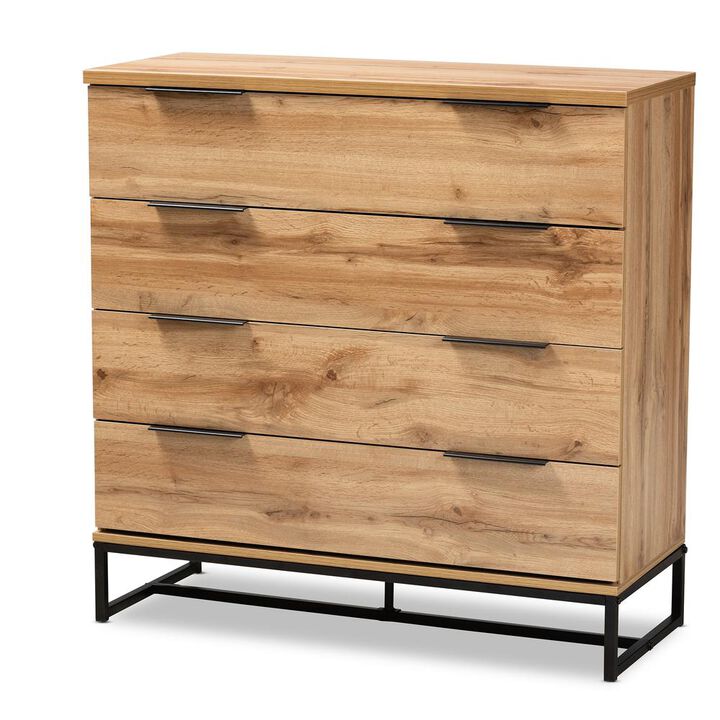 Baxton Studio Industrial Oak Finished Wood and Black Metal 4-Drawer Dresser