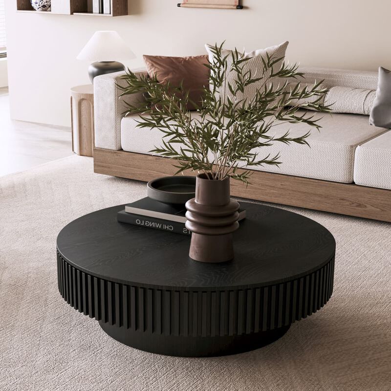 Round coffee table with storage Solid wood veneer and MDF coffee table with fluted base Modern accent coffee table for living room image number 4