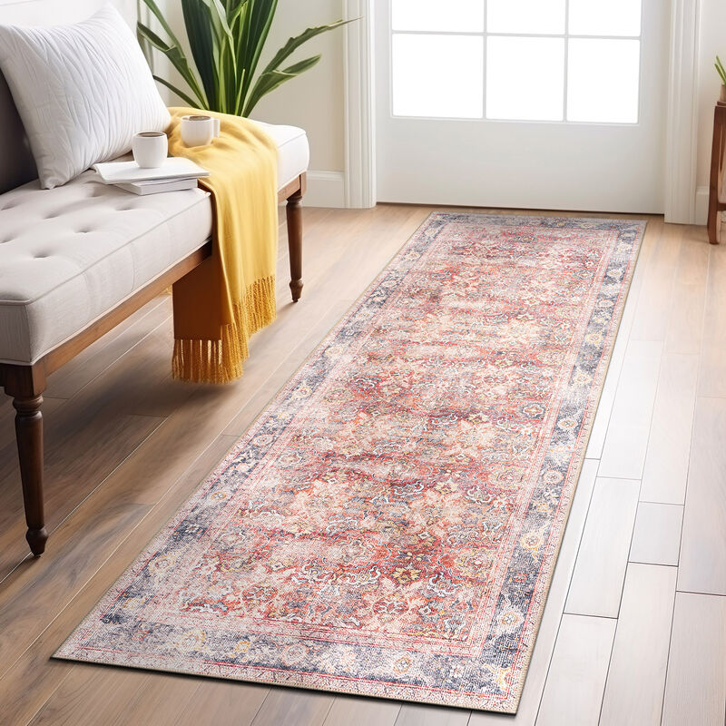 World Rug Gallery Vintage Bordered Machine Washable Non Slip Area Rug:  Flat Pile,  Stain & Water Resistant image number 1