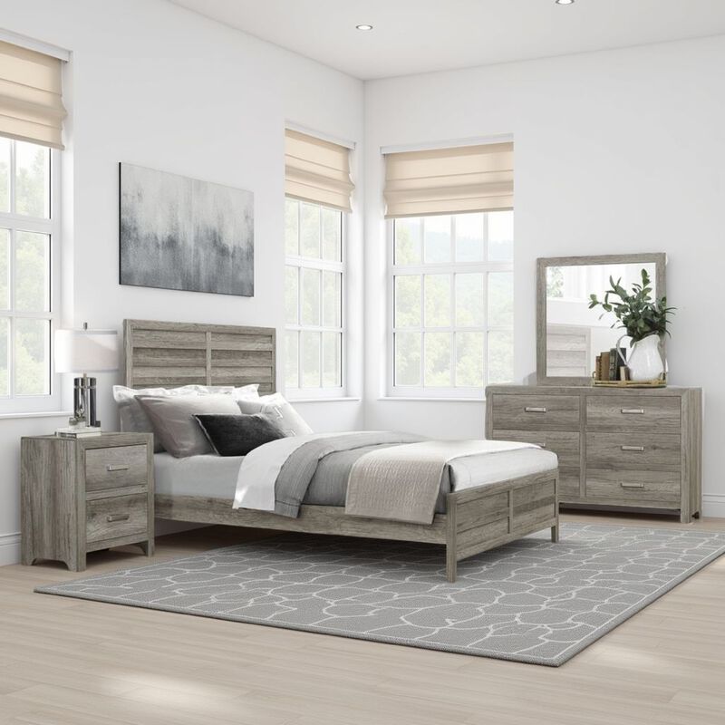 Kade 4 Pc Queen Size Bedroom Set, Slatted Panel Design, Weathered Gray Finish
