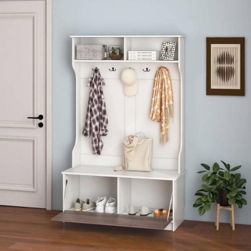 Hivvago Entryway Bench Coat Rack Shoe Storage Cabinet in White Oak Wood Finish