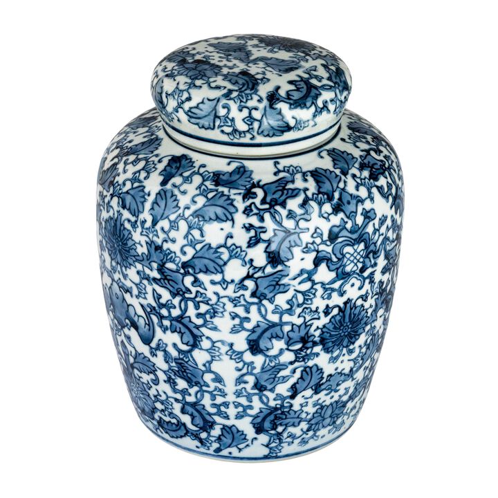 Decorative Ceramic Ginger Jar with Lid for Spaces, Blue and White
