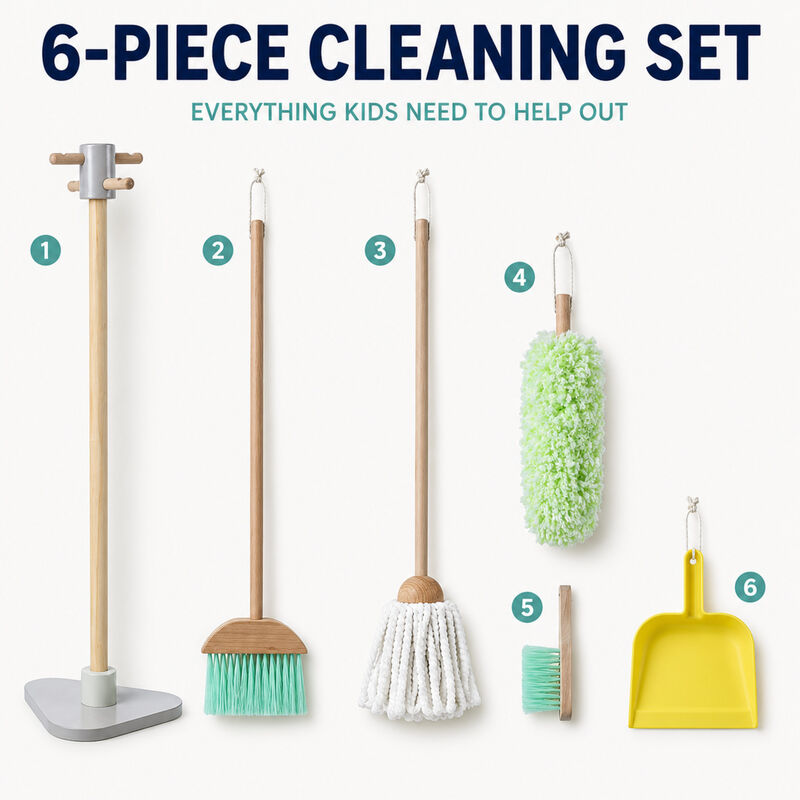 Teamson Kids 6-Piece Wooden Cleaning Set with Storage Stand, Little Helper Pretend Play Cleaning Set, Mop, Broom, Duster, Dust Pan and Brush with Hanging Loops image number 3