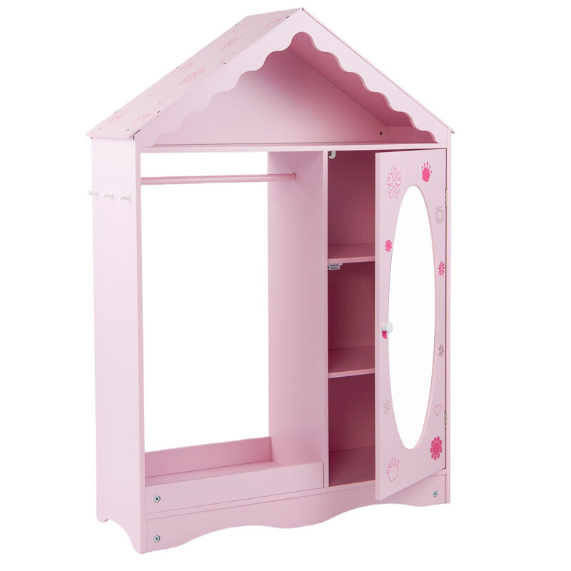 Kids Wardrobe Closet with Mirror, Dress Up Storage with Open Hanging Rack image number 0
