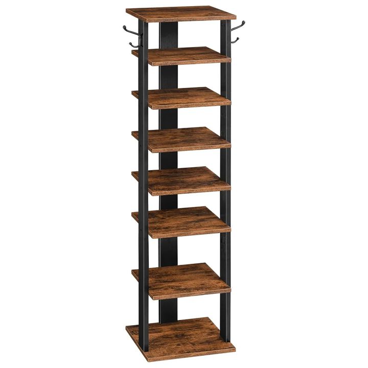 Vertical Shoe Storage Rack with 8 Tiers and Side Hooks for Organization- Brown