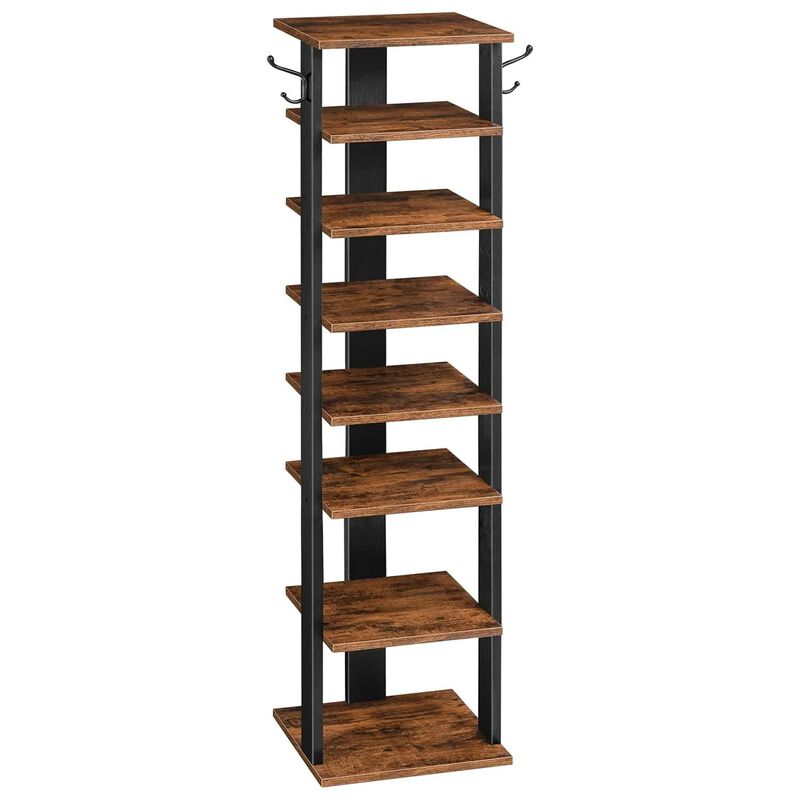Vertical Shoe Storage Rack with 8 Tiers and Side Hooks for Organization- Brown image number 0