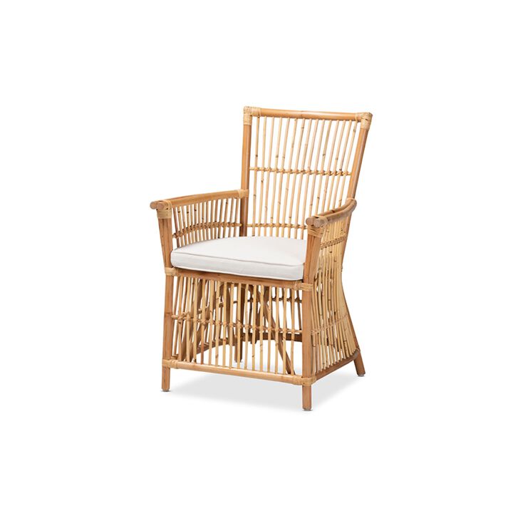Baxton Studio Rose Modern Bohemian White Fabric Upholstered and Natural Brown Rattan Armchair