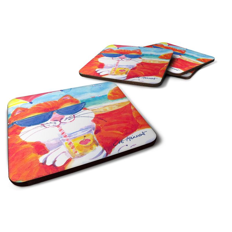 Caroline's Treasures 6118FC Cool Cat with Sunglasses at the Beach Foam Coasters (Set of 4), 3.5 H x 3.5 W, Multicolor image number 0