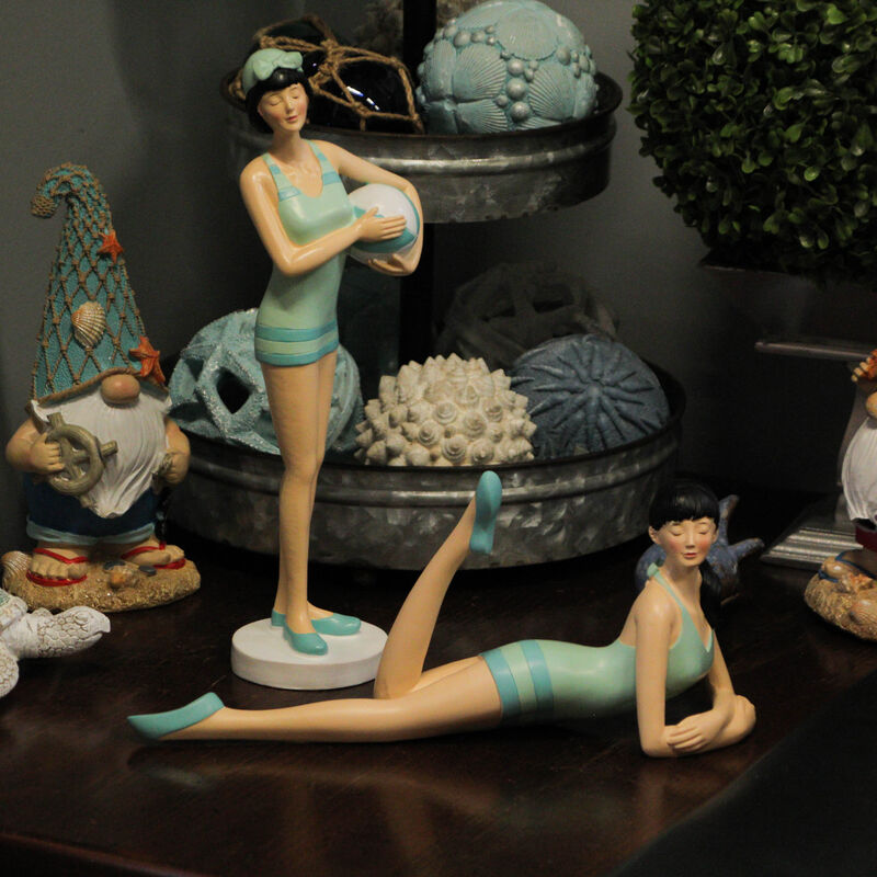 Retro Bathing Beauty Figurine Set &ndash; Striped Swimsuits, Coastal Home Decor image number 5