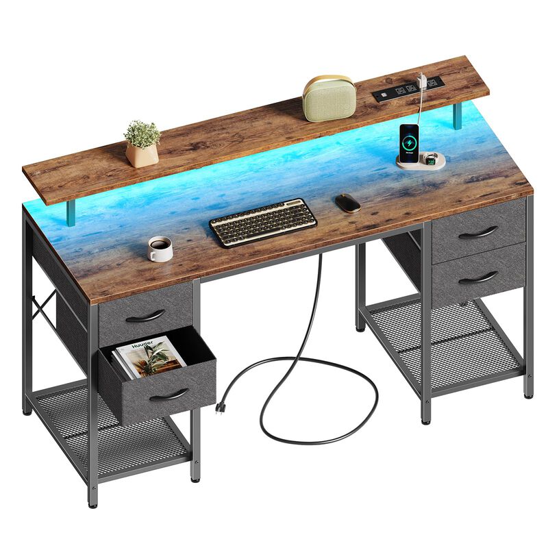Huuger 55 inch Computer Desk with 4 Drawers, Gaming Desk with LED Lights & Power Outlets, Home Office Desk with Large Storage Sp