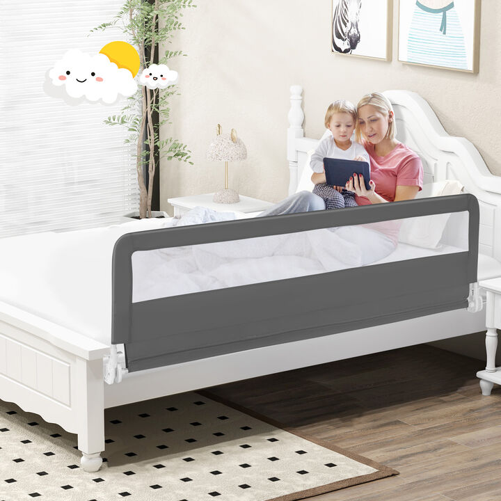 Swing Down Bed Guardrail with Safety Straps for Kids Bedroom-Grey
