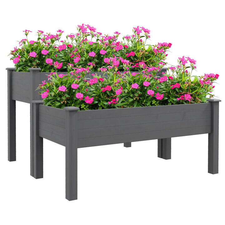 Outsunny 2 Tier Raised Garden Bed, Elevated Wooden 2 Box Planter , Gardening Grow Stand, Planting Bed for Flowers, Vegetables, Herb, Gray