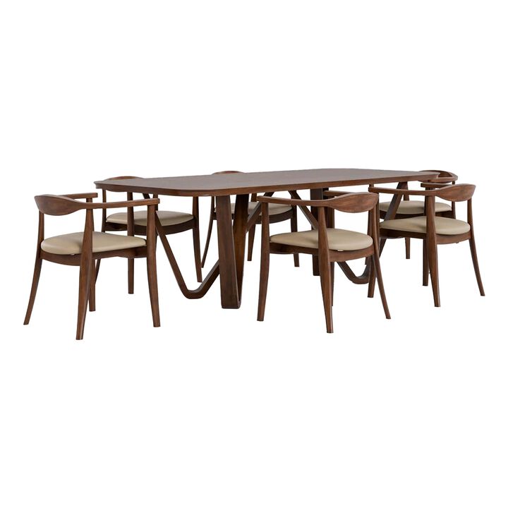 Niva 7pc Dining Table Set, 6 Fabric Side Chairs, Brown Full Solid Wood
