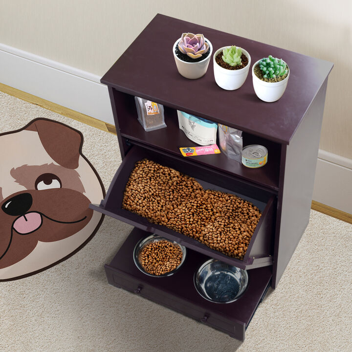 Pet Feeder Station with Storage, Made of MDF and Waterproof Painted, Dog and Cat Feeder Cabinet with Stainless Bowl