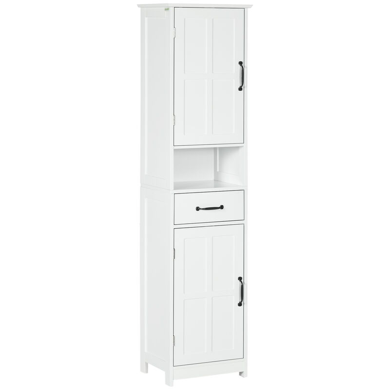 kleankin Bathroom Storage Cabinet Linen Tower with Open Shelf Drawer White